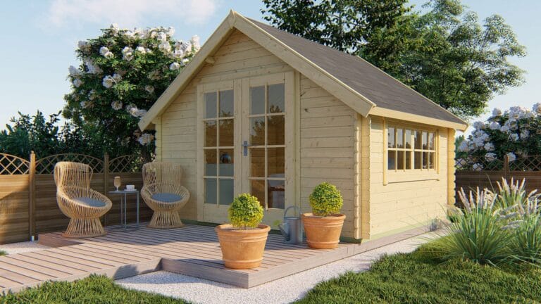Deze veelzijdige blokhut met zadeldak combineert functionaliteit met een charmante uitstraling. Met een funderingsmaat van 330 x 280 cm en een binnenoppervlakte van 8,9 m² is deze blokhut ideaal voor gebruik als tuinkantoor, opslagruimte of hobbyruimte. Dankzij de dubbele deur met rechts scharnierende opstelling is er voldoende doorgang voor grotere objecten, terwijl de twee te openen ramen zorgen voor natuurlijk licht en ventilatie. De constructie is gemaakt van geschaafd, onbehandeld vurenhout met een wanddikte van 28 mm en een nokhoogte van 268 cm. Het zadeldak geeft de blokhut een klassieke uitstraling, terwijl de vaste roedes in ramen en deuren bijdragen aan de traditionele look. De deuren en ramen zijn flexibel te plaatsen, zodat de indeling eenvoudig aan te passen is aan jouw tuin of voorkeur. Belangrijkste specificaties: – Fundering: 330 x 280 cm – Dakoppervlakte: 15,5 m² – Nokhoogte: 268 cm – Glas: 4 mm enkel glas – Inclusief cilinderslot en bouwtekening 👉 Vraag een complete offerte aan en ontdek hoe deze blokhut jouw buitenruimte compleet maakt!